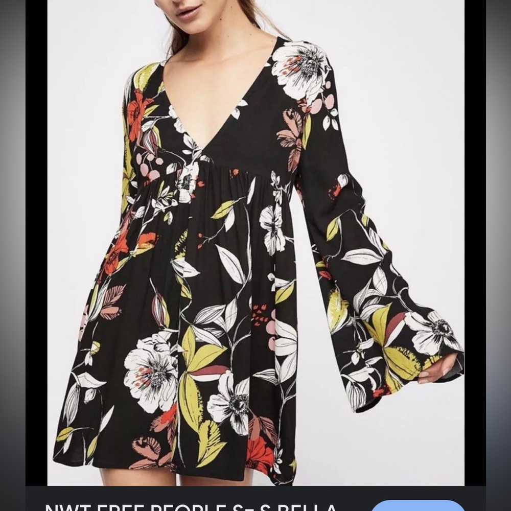 Free People Black Floral Plunging V Neckline tunic top or mini dress
